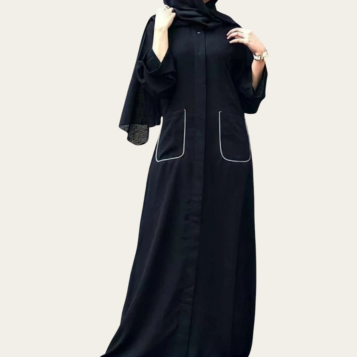 Simple Black Open Abaya Front Pocket for Women