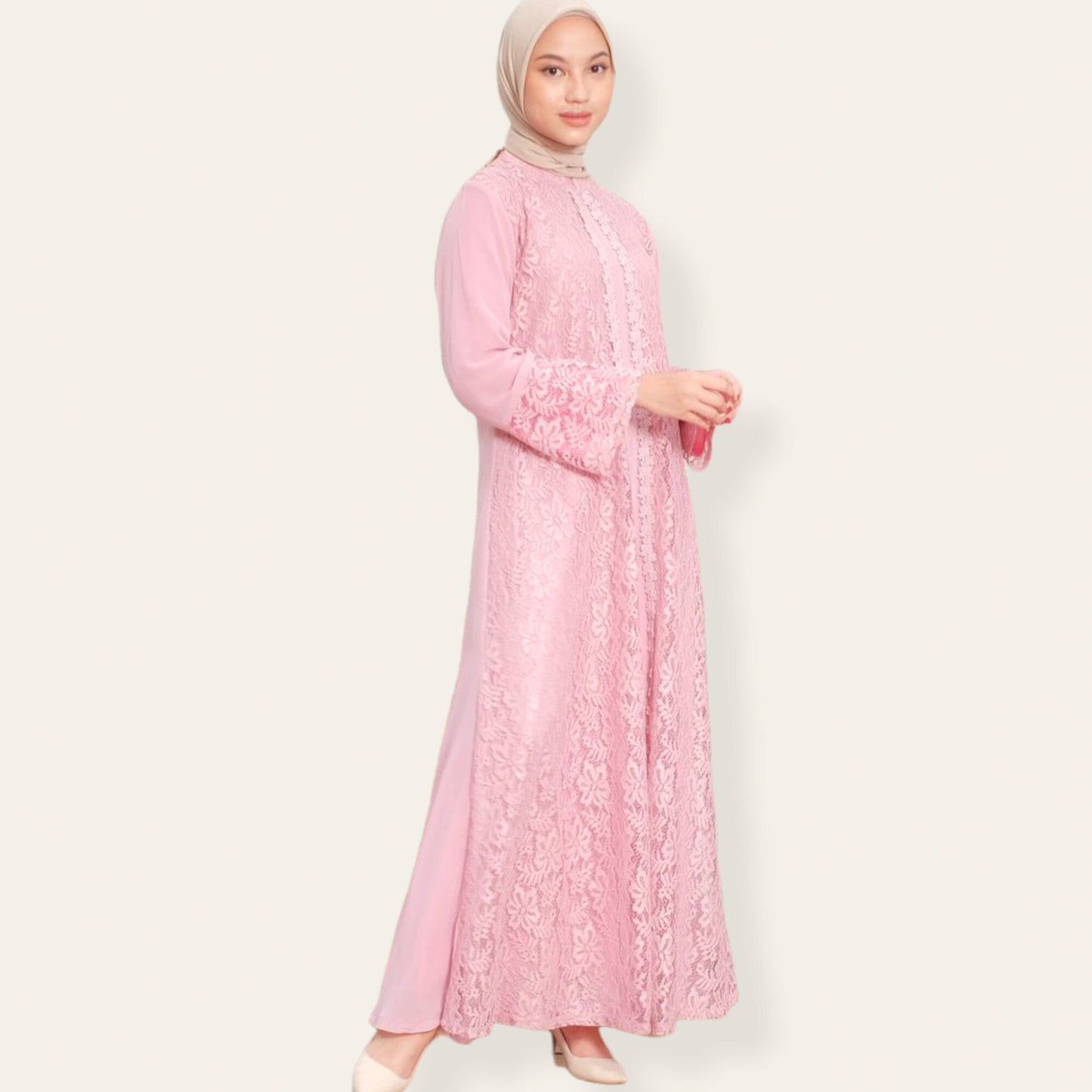 Pink abaya dress with brocade feature on top and zipper at back