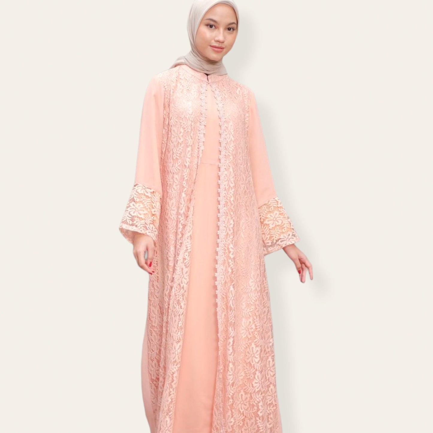 Peach abaya dress with brocade feature on top and zipper at back