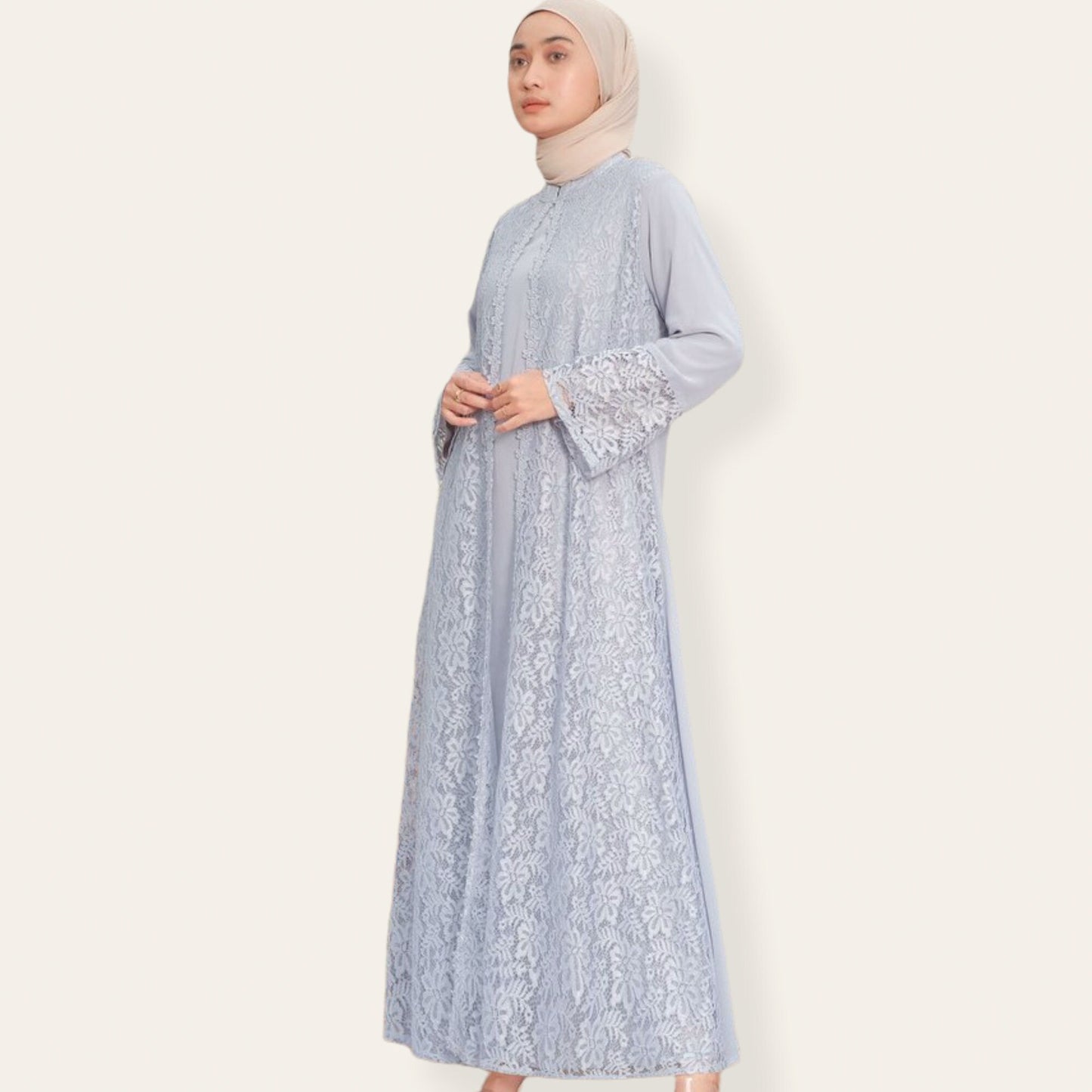 Blue abaya dress with brocade feature on top and zipper at back