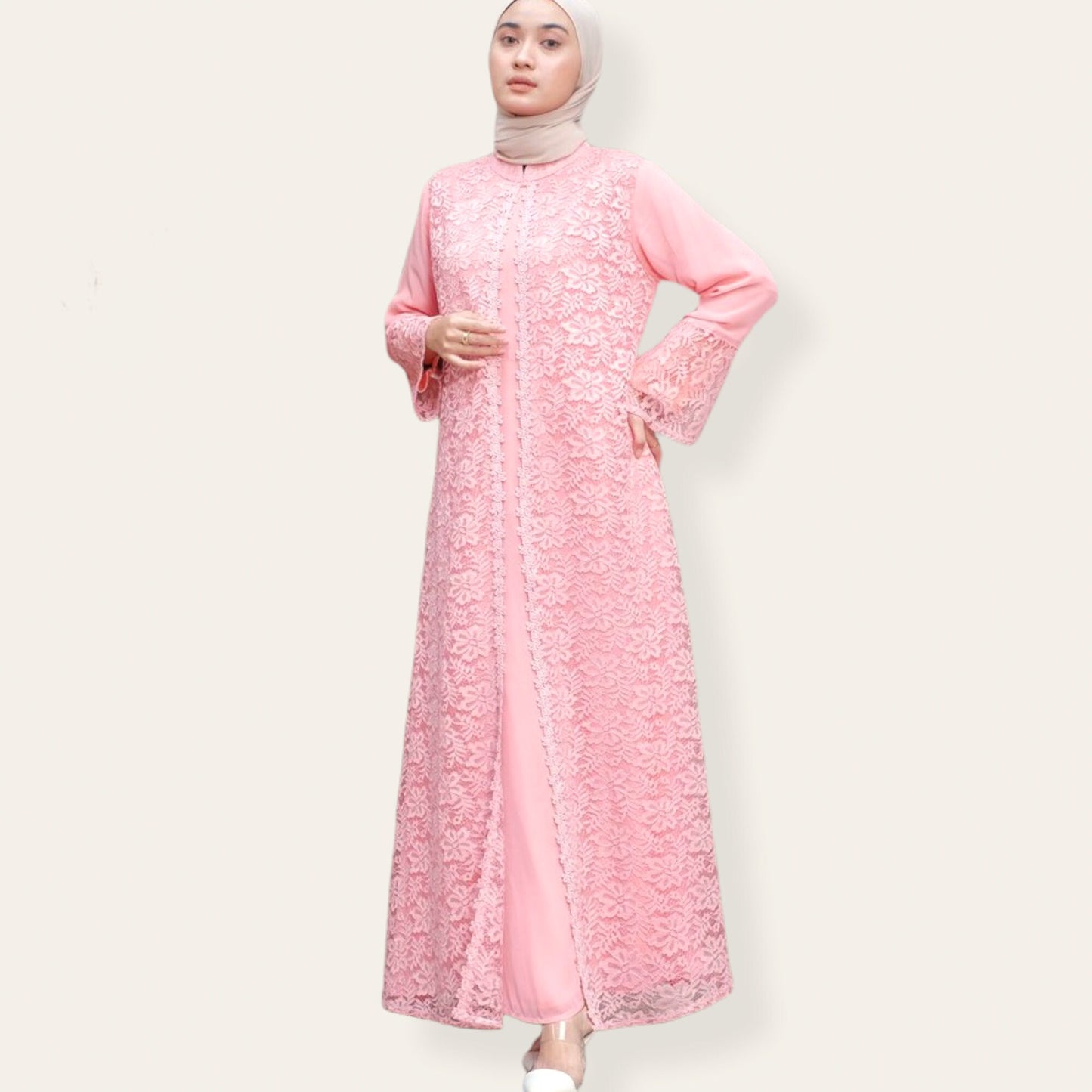 Pink abaya dress with brocade feature on top and zipper at back