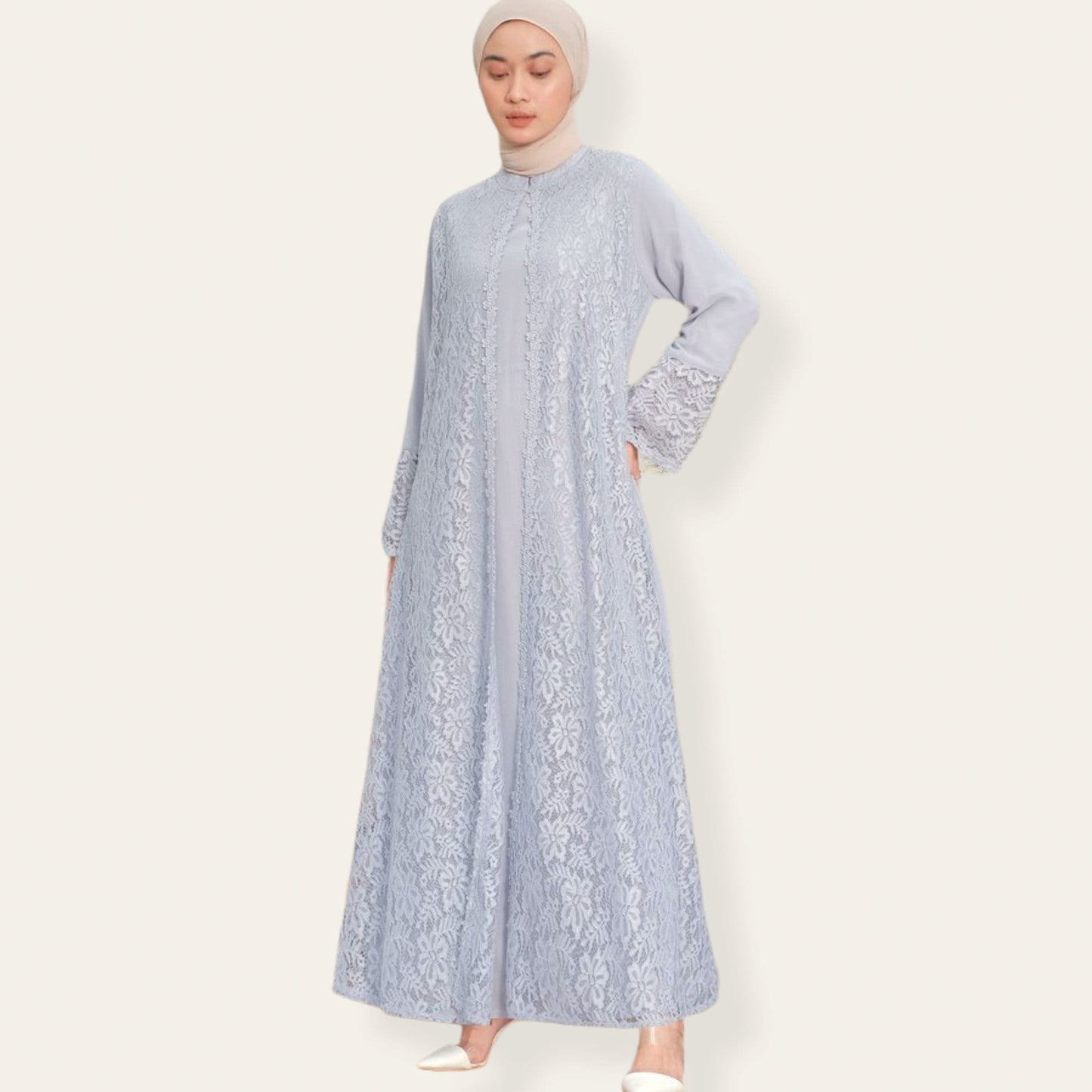 Blue abaya dress with brocade feature on top and zipper at back