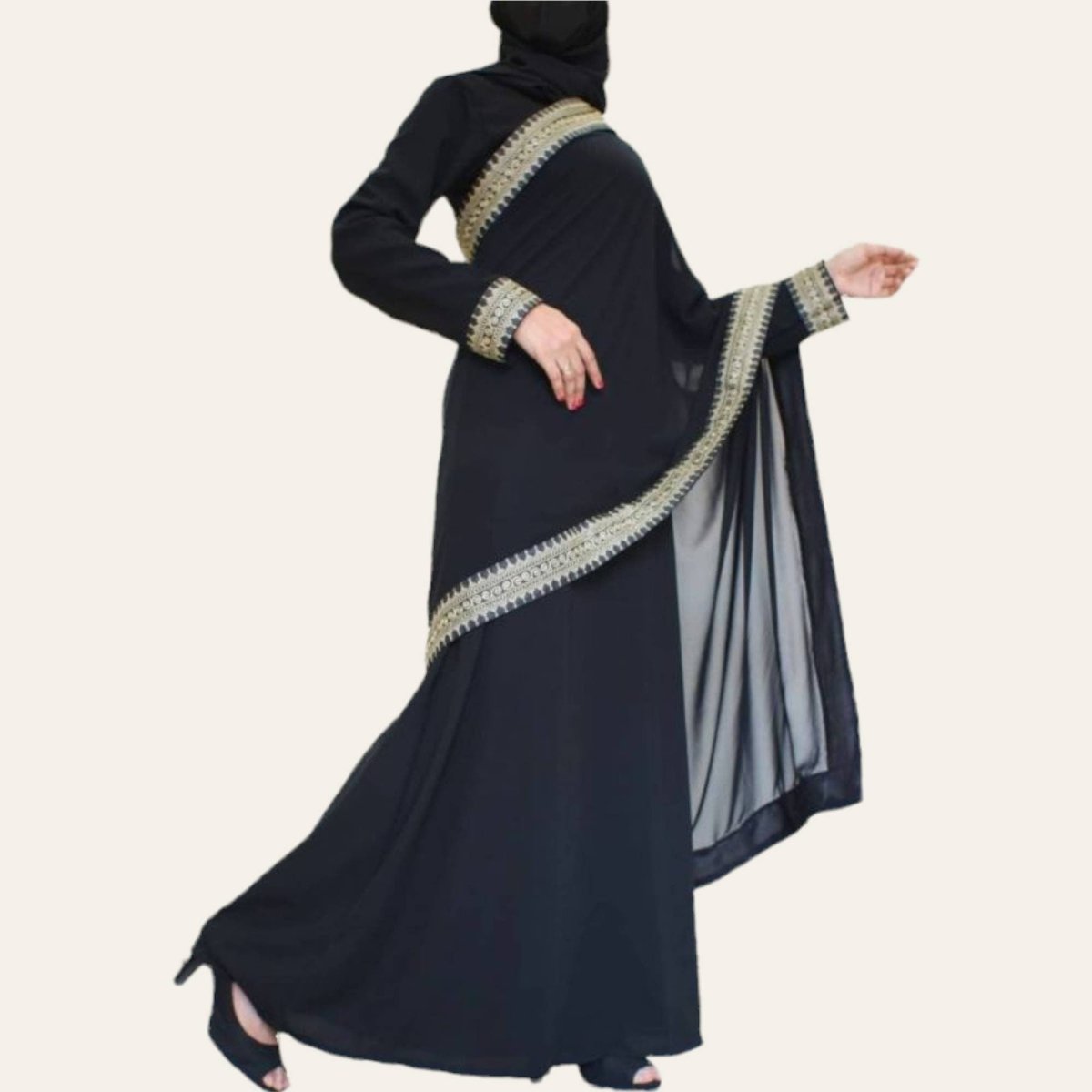 Beautiful islamic female model wearing hijab fashion, a modern wedding dress  for muslim woman walks along