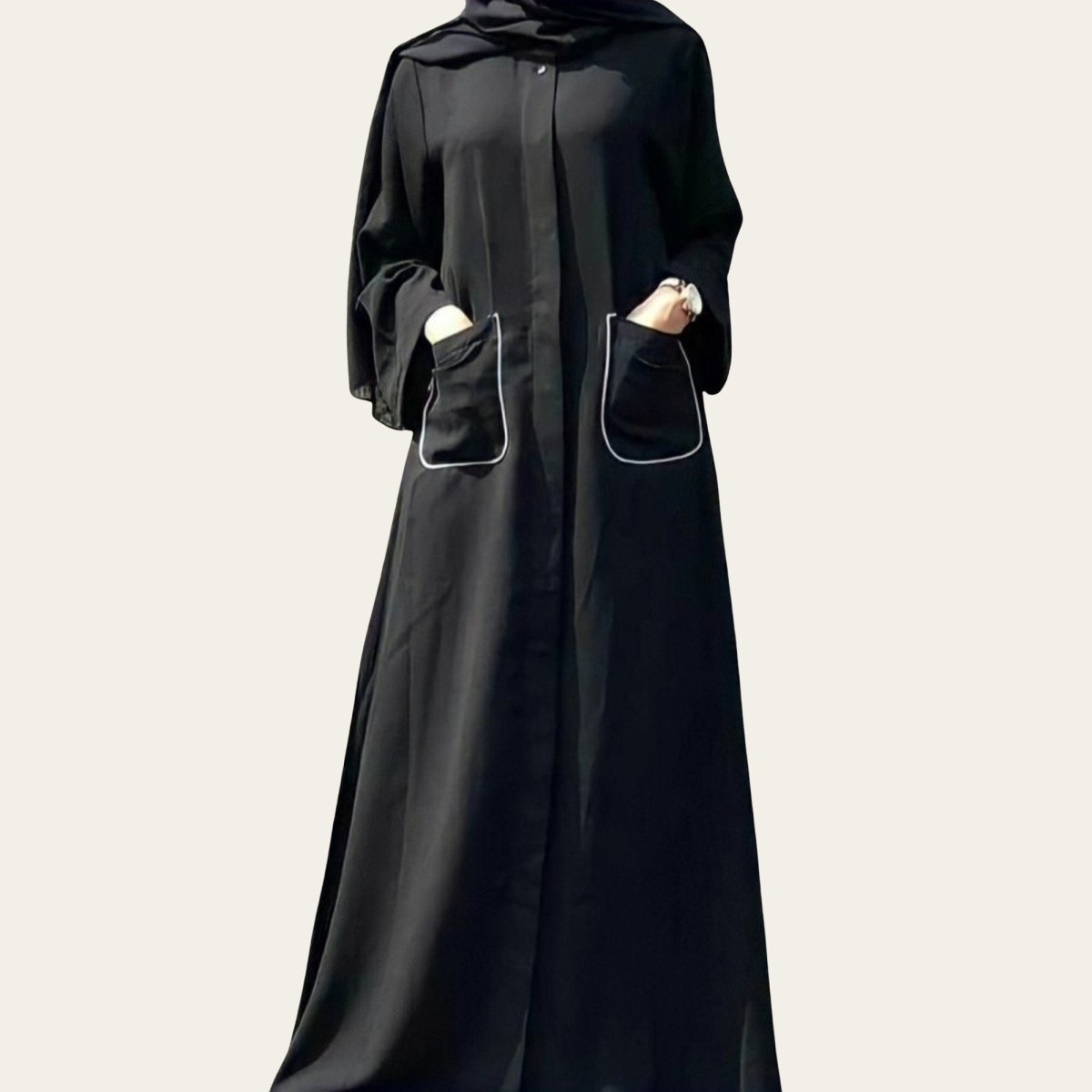 Simple Black Open Abaya Front Pocket for Women