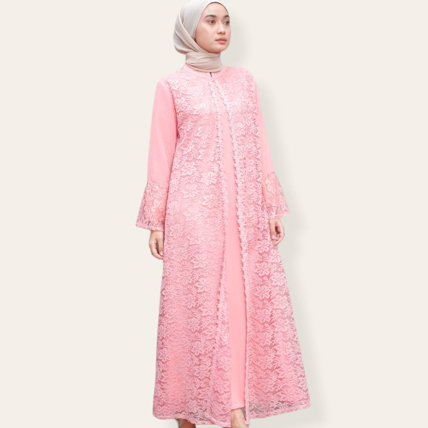 Pink abaya dress with brocade feature on top and zipper at back