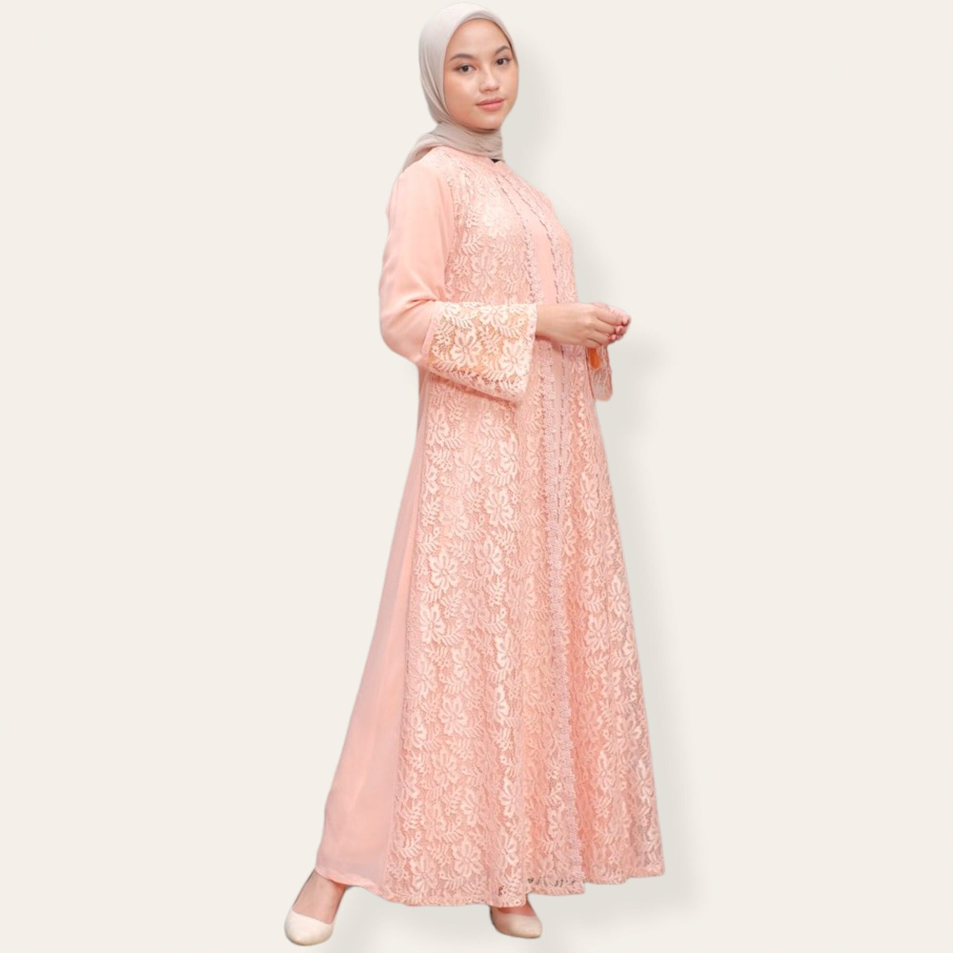 Peach abaya dress with brocade feature on top and zipper at back