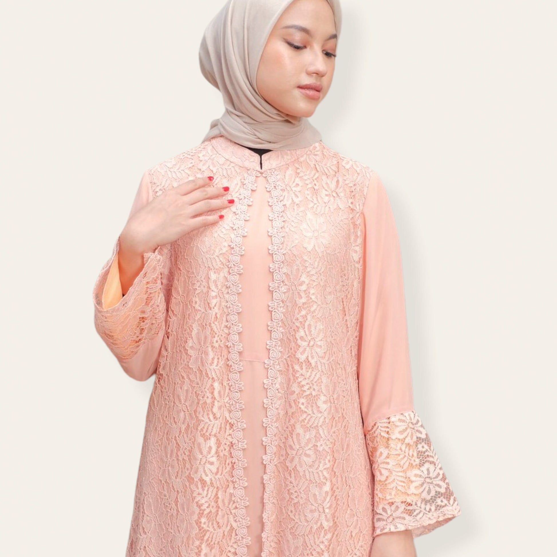 Peach abaya dress with brocade feature on top and zipper at back